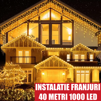 Instalatie 40 metri, perdea franjuri, model turturi interconectabili, 1000 LED, ALB CALD