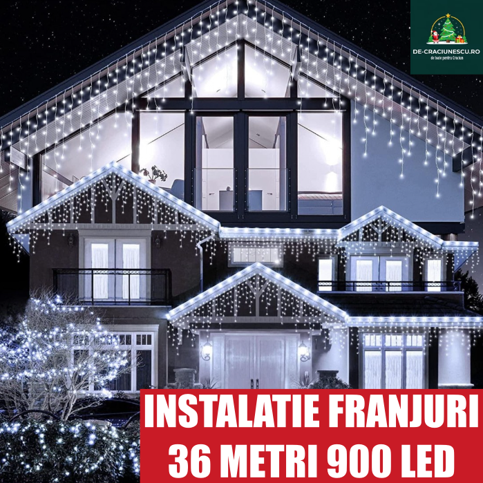 2+1 GRATIS Instalatie 12 metri, perdea franjuri, model turturi interconectabili, 36 metri total 900 LED, ALB RECE