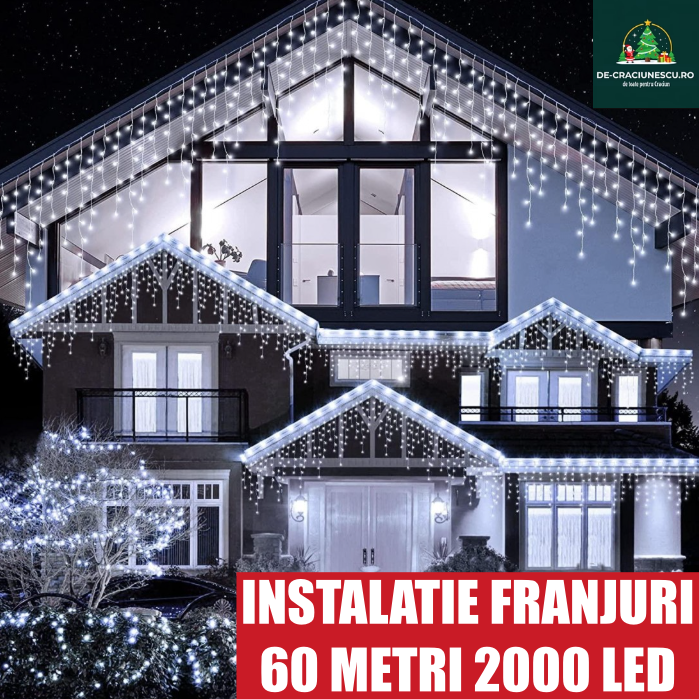 Instalatie 60 metri, perdea franjuri, model turturi interconectabili, 2000 LED, ALB RECE