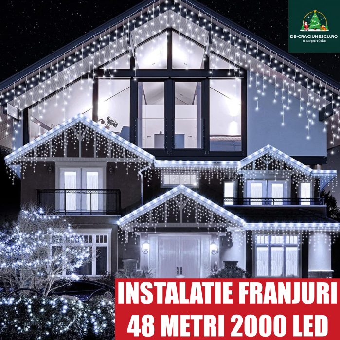 Instalatie 48 metri, perdea franjuri, model turturi interconectabili, 2000 LED, ALB RECE