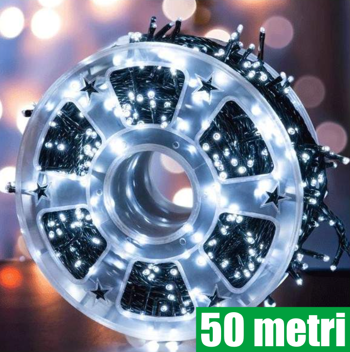 Instalatie De Craciun LED , Liniara Interior/Exterior, Rola 50m, 8 Jocuri De Lumini, Alb Rece