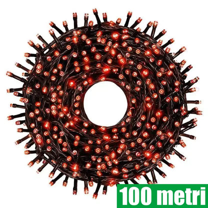 Instalatie de Craciun Liniara, Interior/Exterior, Rola 100m, 8 jocuri de lumini, Rosu, Fir Negru