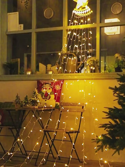 Instalatie solara perdea cu varf stea, 350 led, 9 franjuri, telecomanda