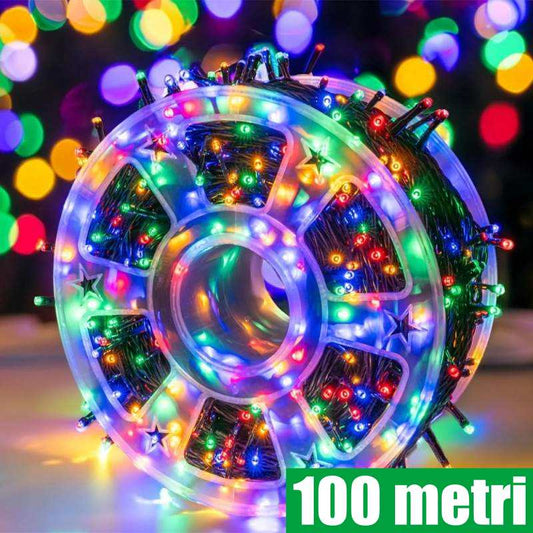 Rola Instalatie de Craciun Liniara, 8 Jocuri de Lumini Interschimbabile, Alimentare La Priza Pentru Interior/Exterior, Rola 100m, Fir Negru, Multicolor