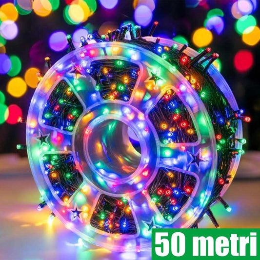 Rola Instalatie de Craciun Liniara, 8 Jocuri de Lumini Interschimbabile, Alimentare La Priza Pentru Interior/Exterior, Rola 50m, Fir Negru, Multicolor