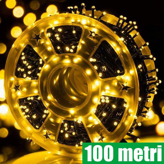 Rola Instalatie de Craciun Liniara, 8 Jocuri de Lumini Interschimbabile, Alimentare La Priza Pentru Interior/Exterior, Rola 100m, Fir Negru, Alb Cald